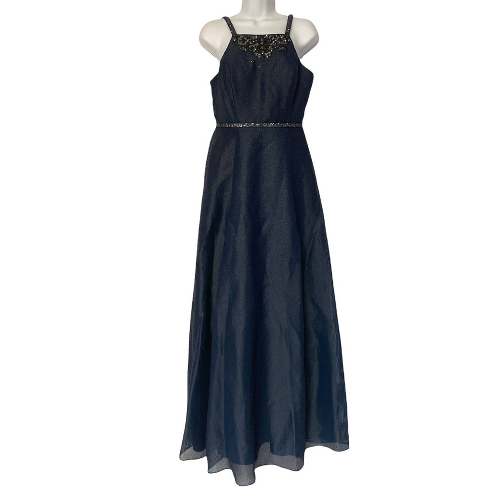 Aidan Mattox Pocket Dress Beaded Shimmering Navy Prom Maxi Formal Evening Gown - Picture 4 of 12